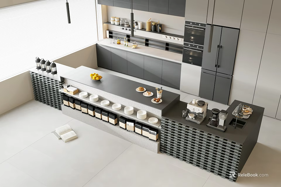 Modern Open Kitchen Bar Counter With Sleek Design And Functional Storage Cabinets 3d model 
