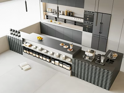 Modern Open Kitchen Bar Counter With Sleek Design And Functional Storage Cabinets 3d model