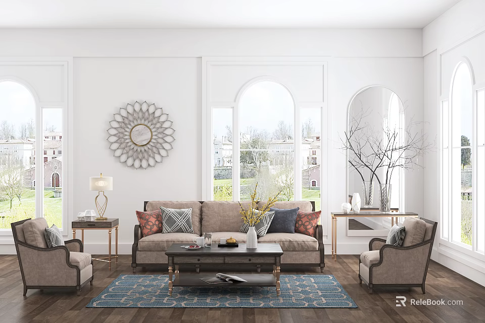 Cozy Living Room Beige Sofa Coffee Table Set With Colorful Cushions Decorative Mirror Large Windows 3d model 