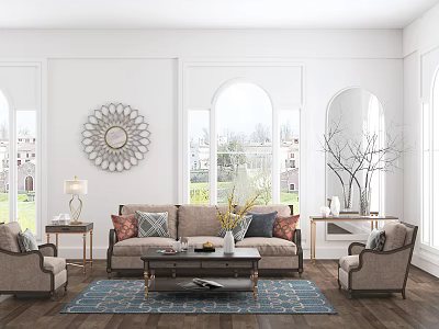Cozy Living Room Beige Sofa Coffee Table Set With Colorful Cushions Decorative Mirror Large Windows 3d model
