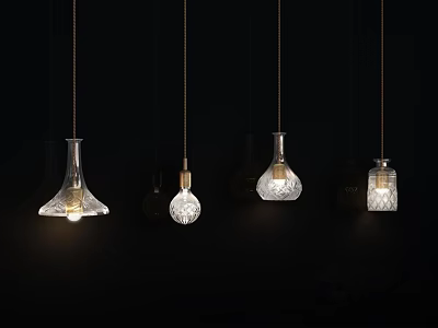 Various Unique Design Glass Pendant Lights Hanging In Dark Background With Transparent Shades 3d model