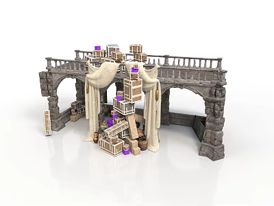 Stone Building With Arched Doorway Balcony Stacked Wooden Crates Purple Markers And White Drapes 3d model
