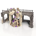 Stone Building With Arched Doorway Balcony Stacked Wooden Crates Purple Markers And White Drapes