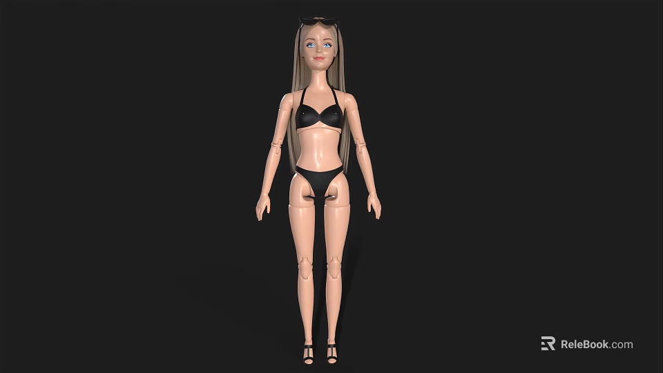 Fashionable Doll with Long Blonde Hair Black Bikini Sunglasses and Sandals on Black Background 3d model 
