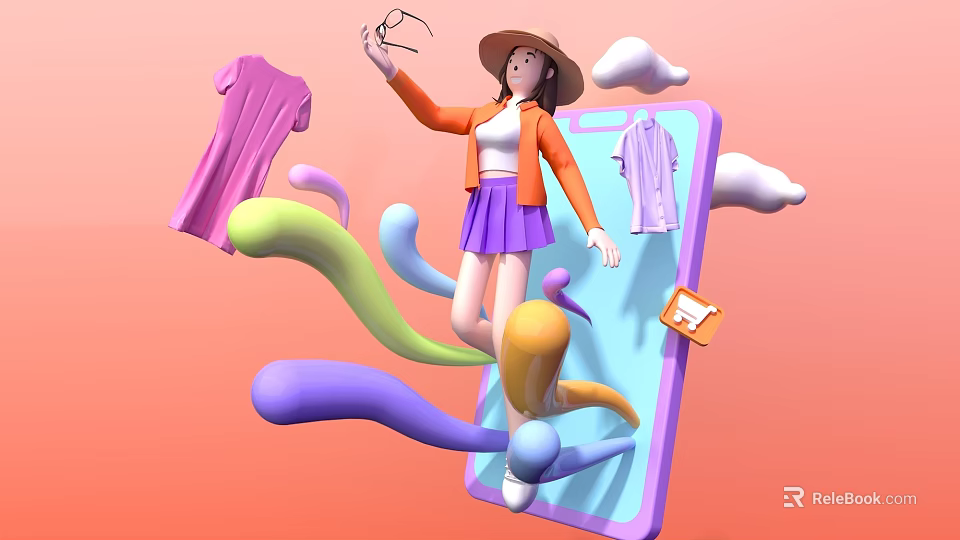 Vibrant Photo Spot Featuring Woman In Hat Sunglasses And Colorful Clothes With Smartphone 3d model 