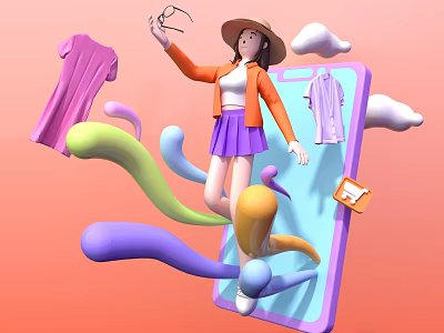 Vibrant Photo Spot Featuring Woman In Hat Sunglasses And Colorful Clothes With Smartphone 3d model
