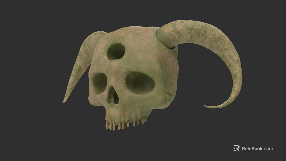 Game and Movie Character Greenish Skull with Curved Horns Mystical Design 3d model 