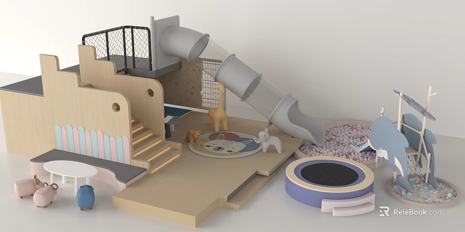 Colorful Kids Playground Equipment With Slide Stairs Trampoline Animal Toys Mat And Safety Fence 3d model 