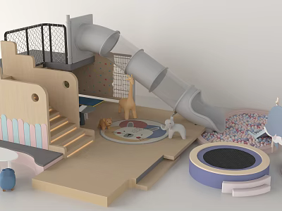 Colorful Kids Playground Equipment With Slide Stairs Trampoline Animal Toys Mat And Safety Fence 3d model