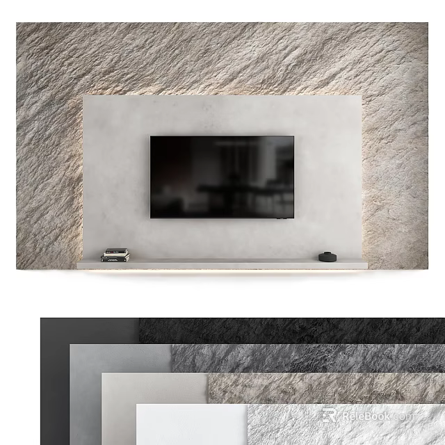 Minimalist Modern TV Wall Design With Stone Texture Concrete Panel And Embedded TV 3d model