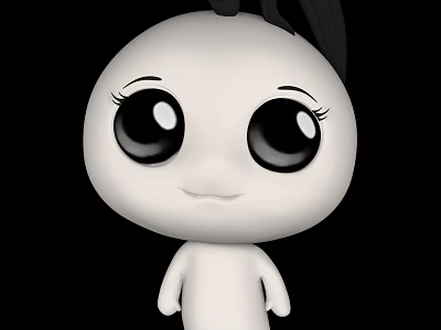Cute Cartoon Doll With Big Black Eyes Small Ponytail And White Body On Black Background 3d model