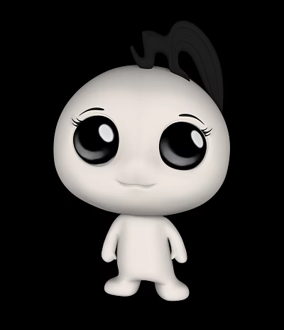 Cute Cartoon Doll With Big Black Eyes Small Ponytail And White Body On Black Background 3d model