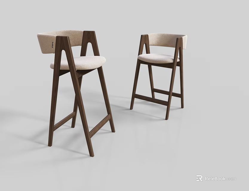 Sleek Modern Bar Stools With Wooden Frame And Beige Upholstered Seat Design 3d model 