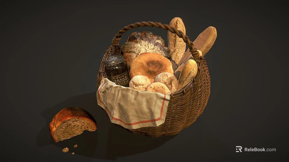 Fresh Assorted Bread Basket with Loaves Rolls Baguette and Sliced Bread Crumbs 3d model 