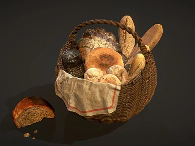 Fresh Assorted Bread Basket with Loaves Rolls Baguette and Sliced Bread Crumbs 3d model
