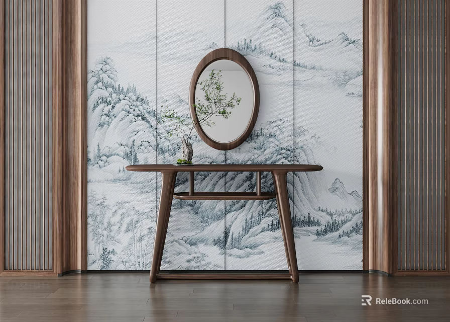 Wooden Console Table Against Landscape Mural Wall With Round Mirror And Small Plant Decoration 3d model 