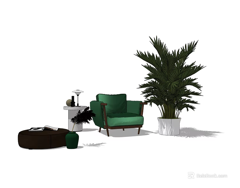 Green Modern Single Sofa Interior With Large Plant Side Table And Rug 3d model