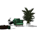Green Modern Single Sofa Interior With Large Plant Side Table And Rug 3d model