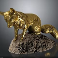 Golden Fox Sculpture Sitting On Pink Stone Base With Detailed Craftsmanship