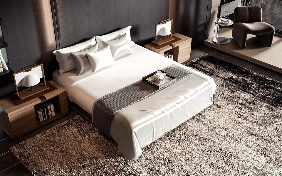 Modern Bedroom Double Bed With White Bedding Wooden Nightstands And Table Lamps 3d model 