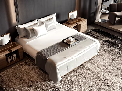 Modern Bedroom Double Bed With White Bedding Wooden Nightstands And Table Lamps 3d model