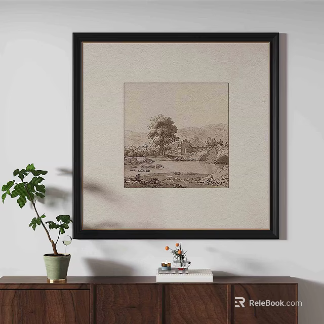 Vintage Landscape Painting In Black Frame With Green Potted Plant And White Wall Decor 3d model 
