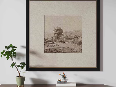 Vintage Landscape Painting In Black Frame With Green Potted Plant And White Wall Decor 3d model