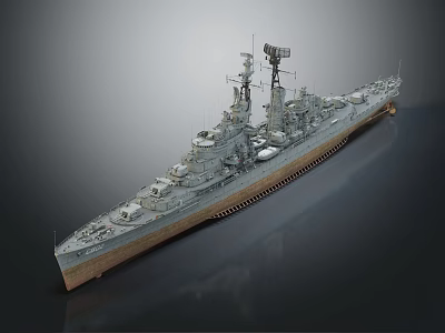 Detailed Warship Model With Gray Hull Wooden Deck Turrets And Antenna Structure 3d model