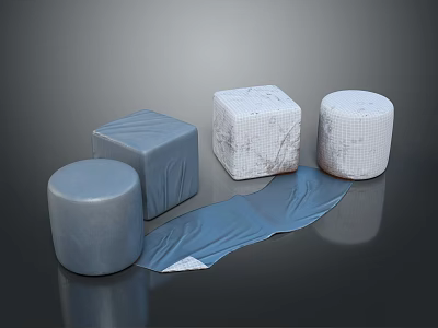 Cylindrical and Cubical Shapes with Textured Surfaces and Blue Fabric 3d model