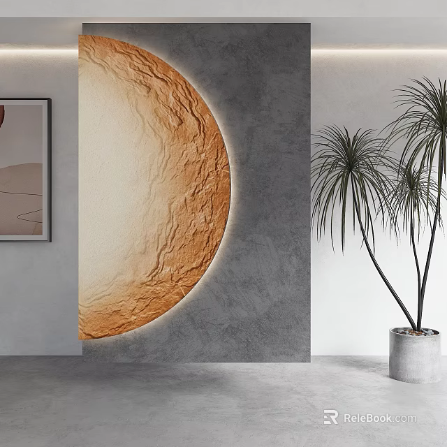 Round Textured Wall Lamp Illuminating Gray Wall With Potted Plant And Artwork 3d model 