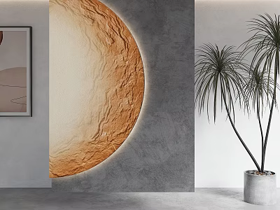 Round Textured Wall Lamp Illuminating Gray Wall With Potted Plant And Artwork 3d model