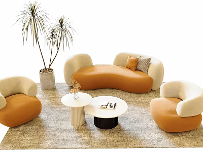 Elegant Orange Beige Sofa Coffee Table Set With Curved Sofa Round Coffee Tables And Plant 3d model