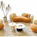 Elegant Orange Beige Sofa Coffee Table Set With Curved Sofa Round Coffee Tables And Plant