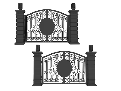 Traditional Ornate Iron Gates with Decorative Pillars and Circular Motifs Design 3d model