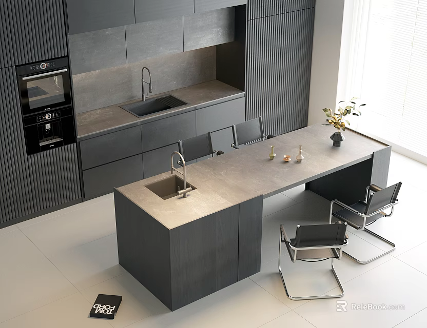 Modern Kitchen Interior Featuring Dark Cabinets With Island Sink And Chairs 3d model 