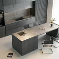 Modern Kitchen Interior Featuring Dark Cabinets With Island Sink And Chairs