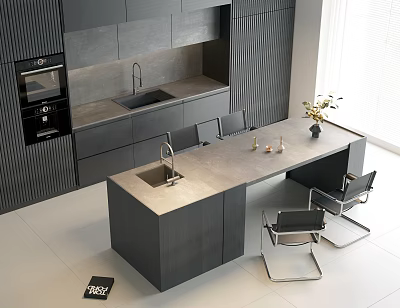 Modern Kitchen Interior Featuring Dark Cabinets With Island Sink And Chairs 3d model
