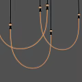 Modern Curved Chandelier With White Tubes And Golden Details Hanging In Minimalist Setting
