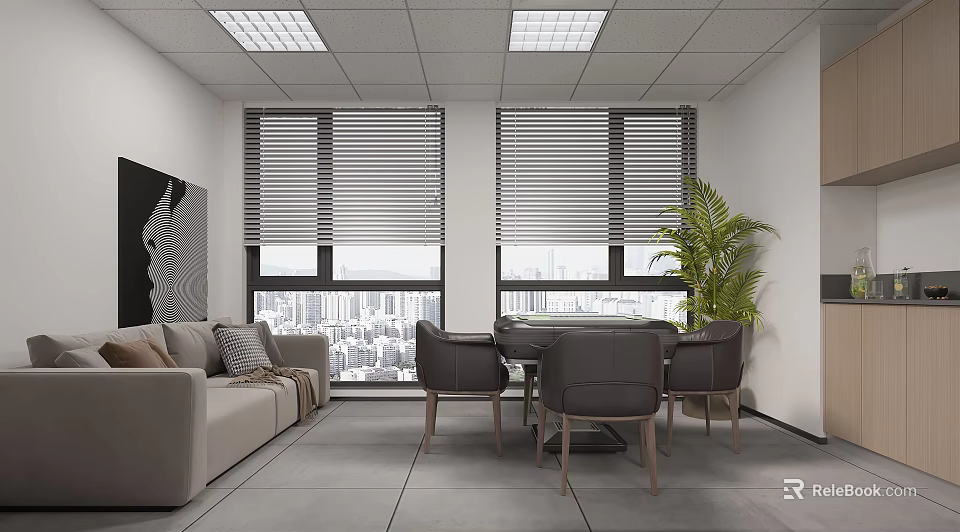 Modern Office Interior Featuring Sofa Chairs Table Windows With Blinds Plant And City View 3d model