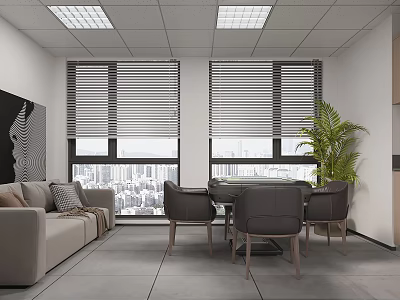 Modern Office Interior Featuring Sofa Chairs Table Windows With Blinds Plant And City View 3d model