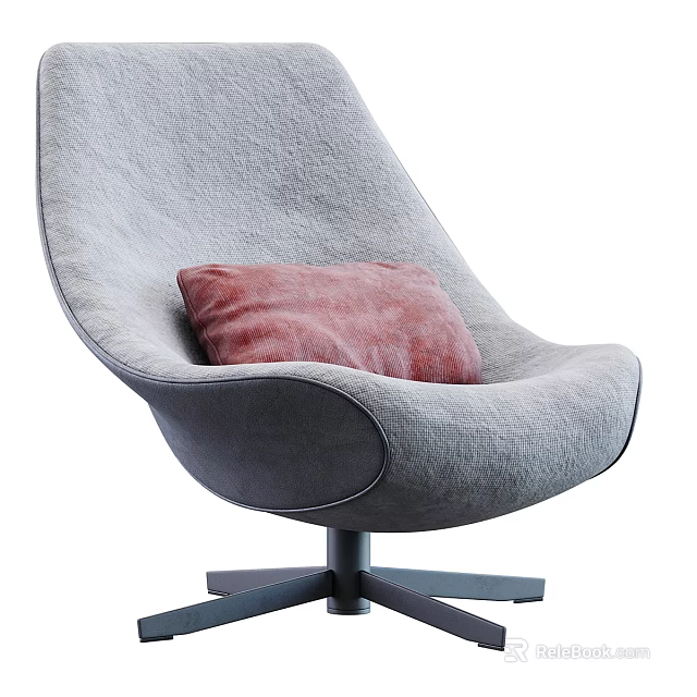Modern Gray Fabric Single Sofa With Curved Shape Red Cushion And Metal Base Design 3d model 