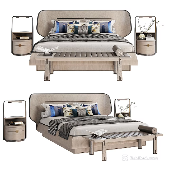 Modern Double Bed Interior With Bedside Tables Decorative Pillows And Bench 3d model
