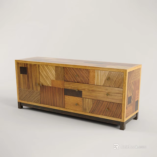 Wooden TV Stand With Various Wood Grain Patterns Multiple Drawers And Cabinet Doors 3d model 