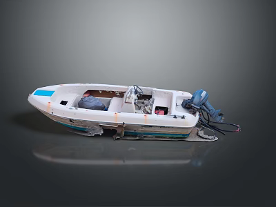 Small White and Blue Motorboat With Outboard Engine and Seating Interior 3d model