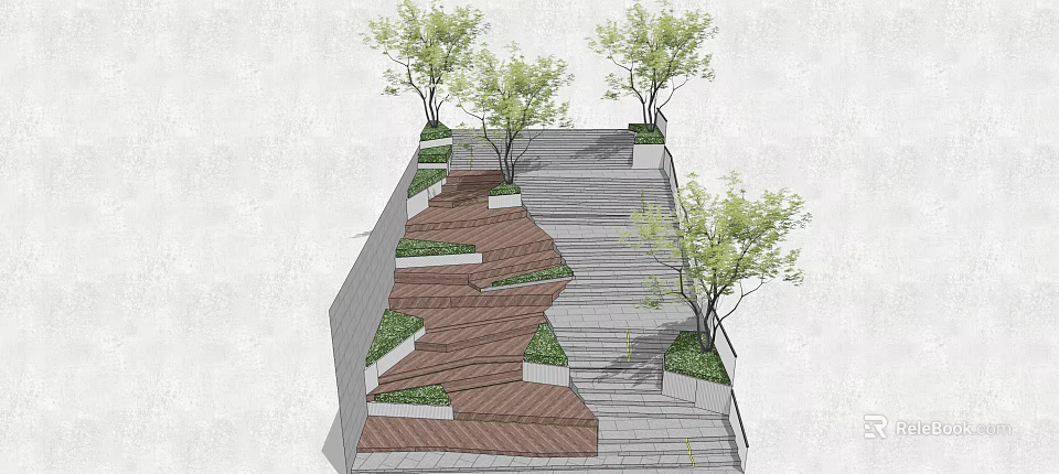 Residential Landscape Design Featuring Terraced Steps Green Trees And Lawn Areas 3d model 