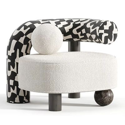 Unique Modern Leisure Chair With Geometric Pattern Backrest And Soft Boucle Seat Spherical Wooden Legs 3d model