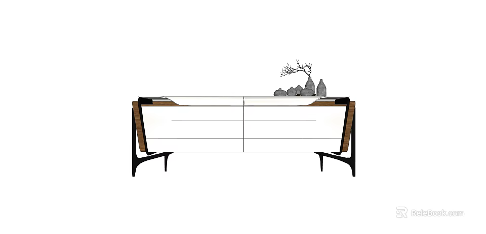 Modern White TV Stand With Wooden Accents Black Metal Legs And Decorative Ornaments 3d model 
