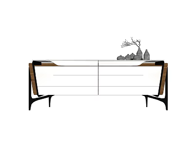 Modern White TV Stand With Wooden Accents Black Metal Legs And Decorative Ornaments 3d model