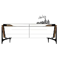 Modern White TV Stand With Wooden Accents Black Metal Legs And Decorative Ornaments