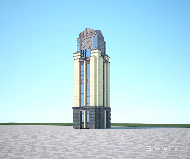 Modern Tower With Glass Windows Dark Base And Decorative Top In Open Square 3d model 